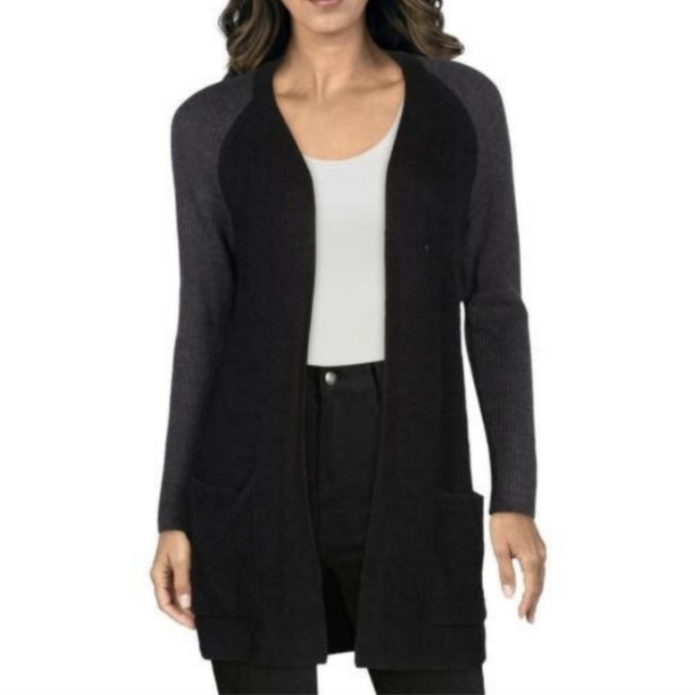 EILEEN FISHER Merino Wool Black & Grey Color Block Cardigan Sweater NWT …